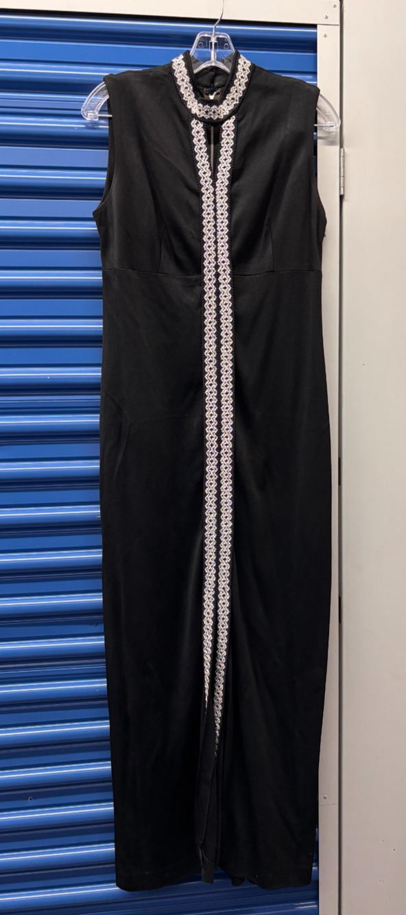 70s Disco Maxi Dress Black Soutache Vintage Metallic Slit L Disco Sonny & Cher